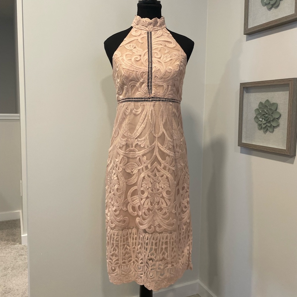 Bardot Pink Lace Halter Midi Dress With Crochet Details EUC